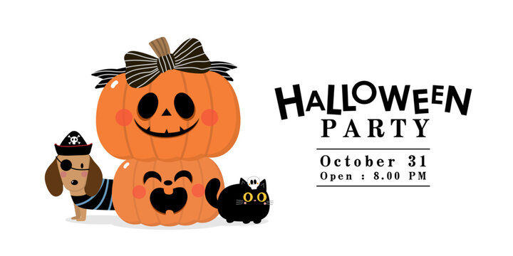 Happy halloween party invitation card with spooky pumpkin, ghost, black cat, cute bow and ribbon. Holidays cartoon character. -Vector