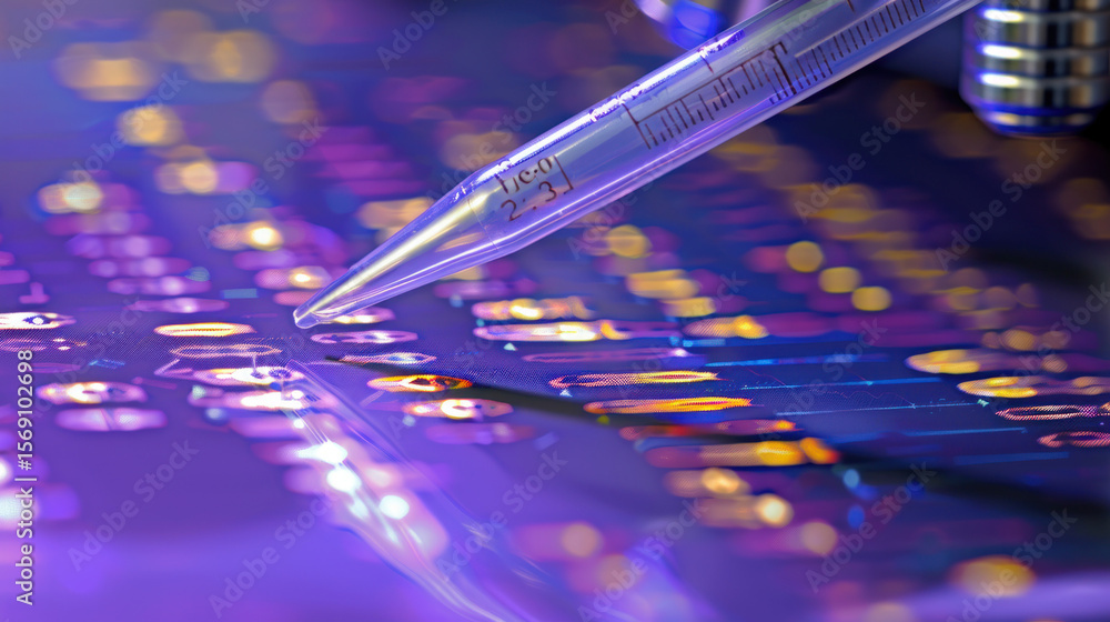 Aufkleber close-up of precision pen on colorful circuit board with glowing lights and microchip details in a h