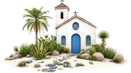 Whitewashed Desert Chapel with Blue Door and Palm Trees
