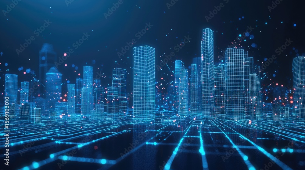 Poster digital cityscape model with glowing wireframe structures.