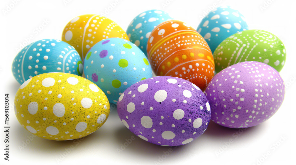 Poster decorative easter eggs with bright patterns in various colors on a white background