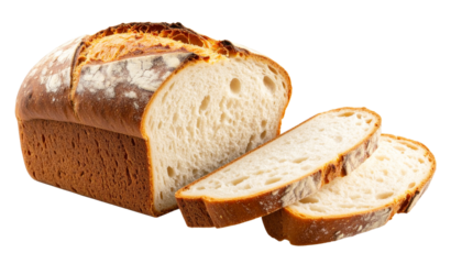 Freshly baked artisan bread loaf with a sliced portion on transparent background, PNG  isolated on transparent background