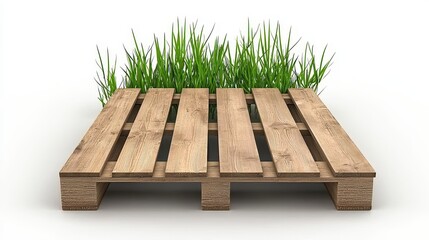 Wooden Pallet with Lush Green Grass Against White Background