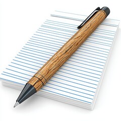 Wooden Pen on Lined Notepad Against White Background