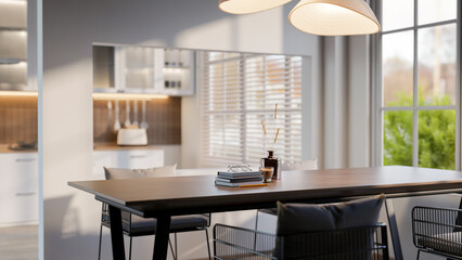 Coffee cup and book on wooden table with metal armchairs in a minimalist dining room next to kitchen