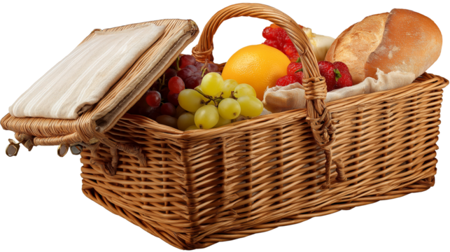 Wicker picnic basket with fruit and bread, partial open lid, top view PNG