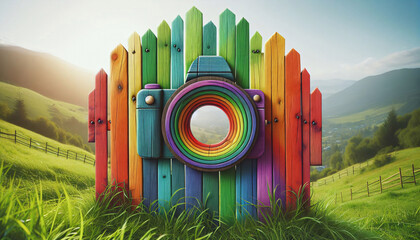 Ein Holztor in Form eines Fotoapparates in Regenbogenfarben, copy space