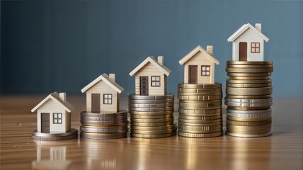Wooden house models arranged on stacks of coins showing increasing investment in real estate market