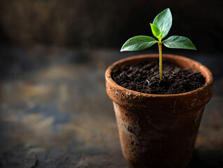Green Seedling Growing in Clay Pot on Dark Background for Nature Lovers