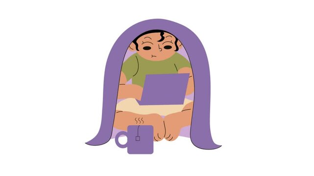 Cozy Woman Watching Laptop Under Blanket &ndash; Self-Care Flat Animation Loop