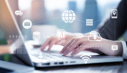 ビジネスシーン、生成AIを活用したデジタルワークフロー、クラウド、DX、デジタルネットワークイメージ