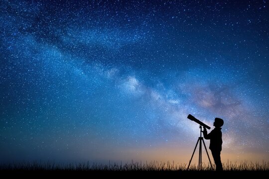 Silhouette of a person stargazing with telescope under a starry night sky