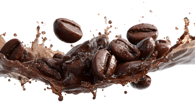A splash of coffee with coffee beans floating in the air