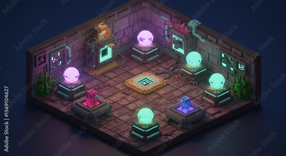 Poster mysterious voxel art depicts a room with glowing orbs, adding a magical and enigmatic touch that cou