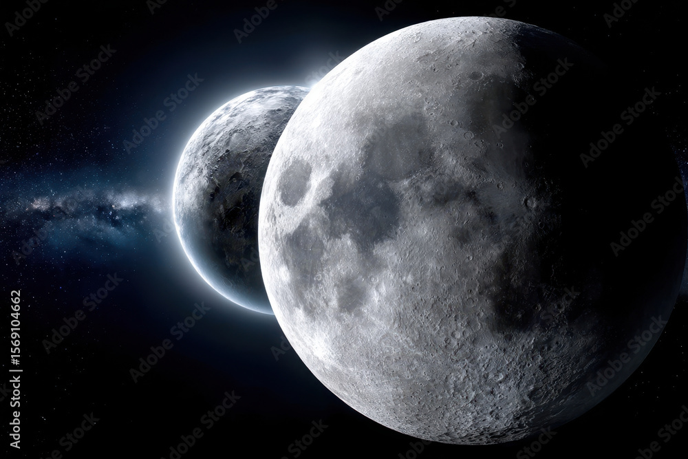 Poster large and small moons orbiting in the vastness of space with distant stars shining