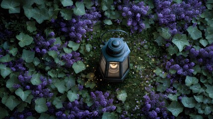 Fireflies circling old lantern in a fairytale garden filled with blooming lavender and ivy magical summer atmosphere birds eye angle with enchanted garden background