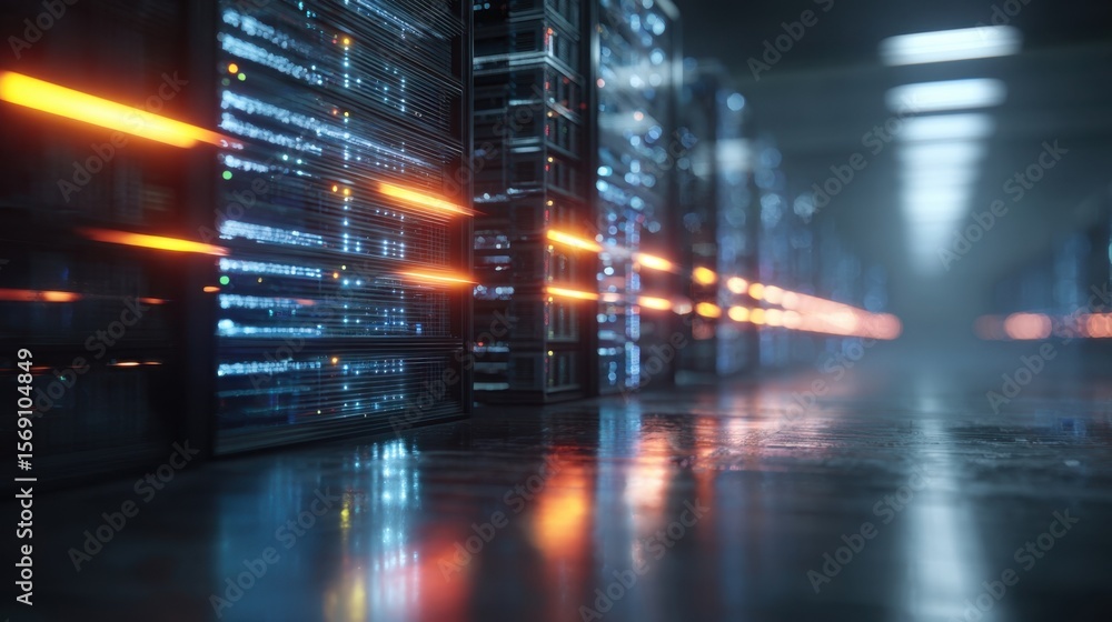 Poster brightly lit server racks a closeup of a servers glowing interfaces amidst a backdrop of sleek moder