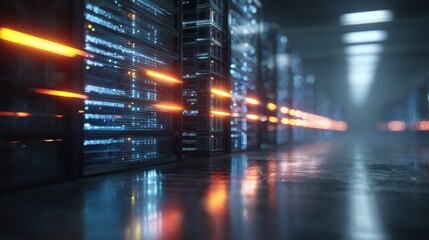 Brightly Lit Server Racks A closeup of a servers glowing interfaces amidst a backdrop of sleek modern supercomputers. This image captures the energy and complexity of AI training environments