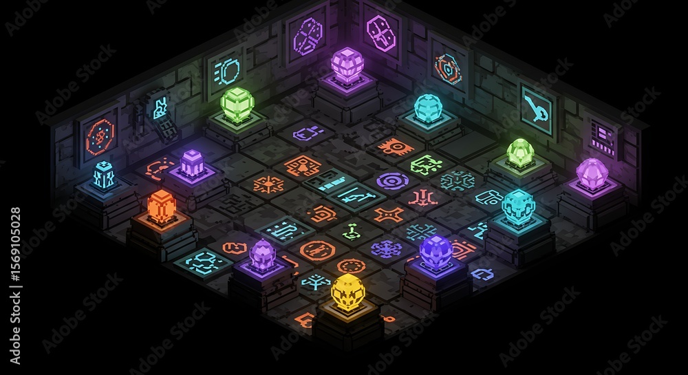 Poster isometric pixel art rendering showcases a mysterious dungeon room with glowing artifacts and ancient
