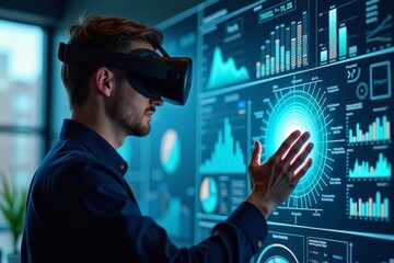 Person in VR headset interacting with 3D holographic business dashboard showing KPIs.