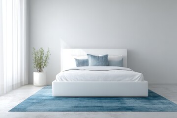Modern bedroom featuring a white bed with blue accents, soft textiles, and a serene atmosphere, ideal for relaxation and comfort design