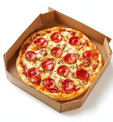 Delicious pepperoni pizza served in a cardboard box on a white background