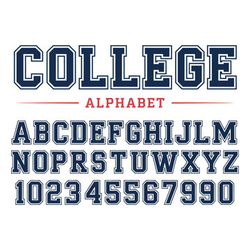 Classic college font with the contours. Used for football, baseball or basketball logos and T-shirts. It is made in the American style. Vector illustration.