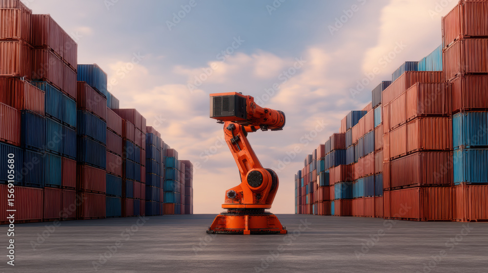 Poster robotic arm stands in the middle of a shipping container yard, surrounded by tall stacks of red and 