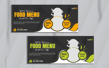 Fast food restaurant menu social media marketing web banner template design. Pizza, burger  healthy food business online promotion flyer with abstract background, logo icon. Sale cover with mockup 