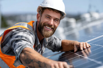 Worker installs solar panels on rooftop under clear blue sky during sunny day
