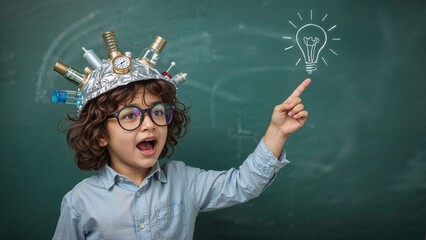 "Creative Young Scientist with Quirky Homemade Hat and 'Aha Moment'"