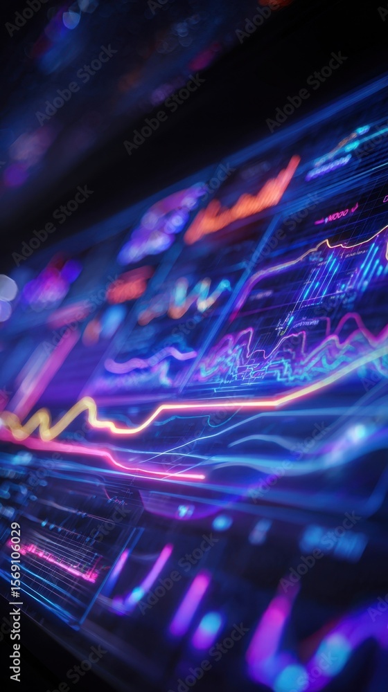 Poster ethereal composition featuring luminous screens displaying a labyrinth of abstract data and financia
