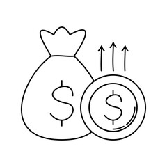 Money Bag Outline Doodle, bag with dollar symbol and coin, represents large savings, fundraising, or capital investment.