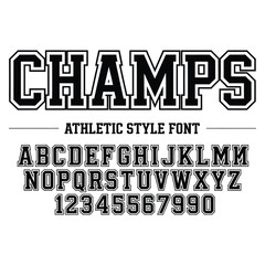 American college classic font. Vintage sports font in American style for T-shirt designs for football, baseball, and basketball teams. College, school and varsity style font, tackle twill stock 