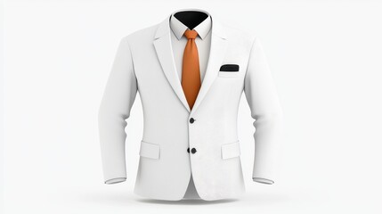 White Men's Suit with Orange Tie on White Background