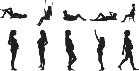 Pregnant Woman silhouettes Belly Growth Collection set. clip art, back lit, beauty, bonding, outline, design element, men