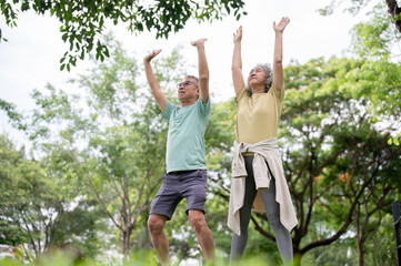 Glasses old man and old woman stretching arms up while doing a yoga or qigong move together in park.