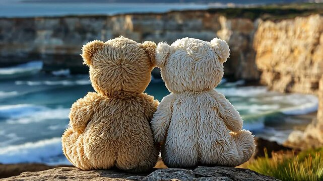 Teddy bears seated on cliff overlooking ocean. Scenic coastal view. Potential use stock photo