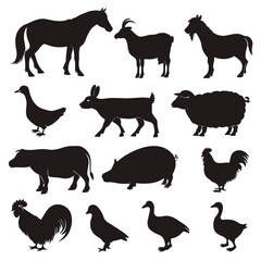 Collection of black farm animal silhouettes on a white background