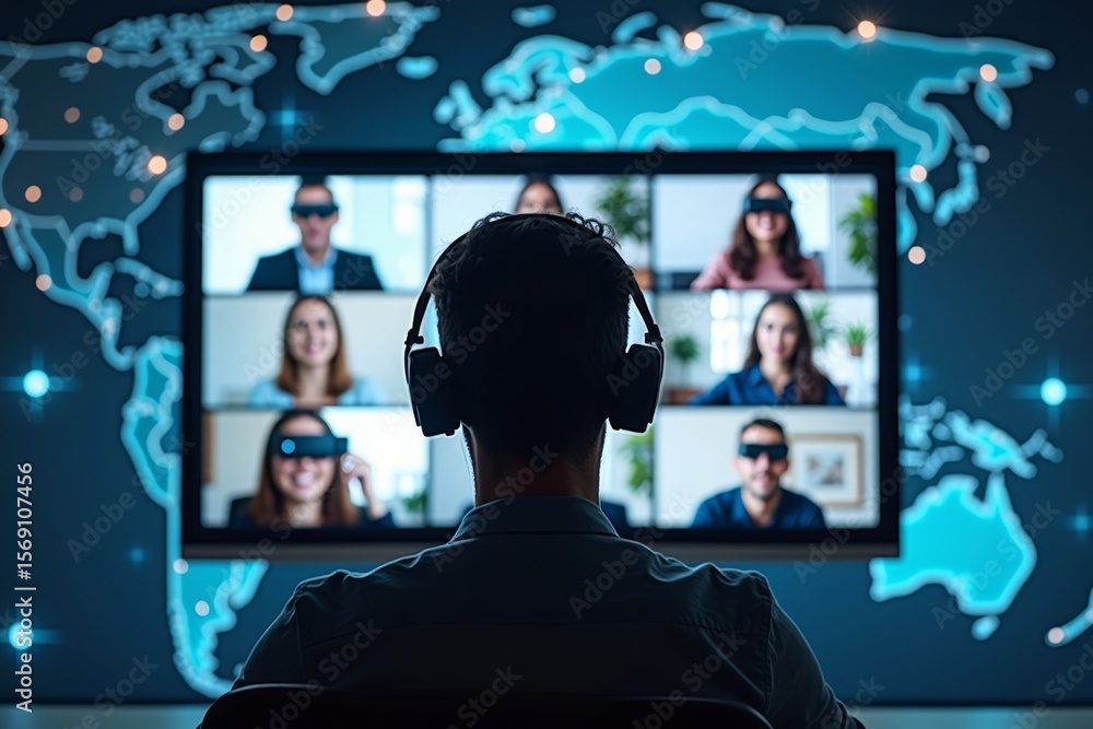 Poster picture of a person sitting in front of computer screen on video conference call, multiple squares s