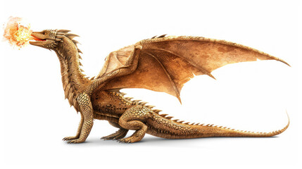 Fototapeta premium Golden Dragon Breathing Fire with Intricate Scales and Wings Against a White Background for Fantasy Artwork and Storytelling