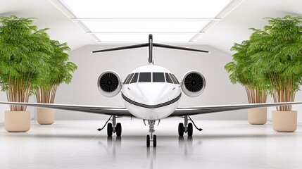 White Private Jet in Modern Hangar with Potted Plants