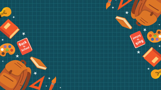 Modern back to school dark green grid background with colorful supplies and orange backpack corner decoration