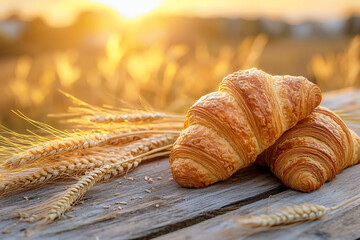 Fresh Croissants on Rustic Table with Wheat and Sunset Background