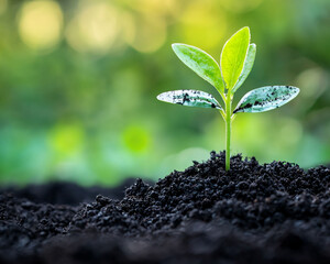 Fresh Green Seedling Emerging from Dark Rich Soil in Nature