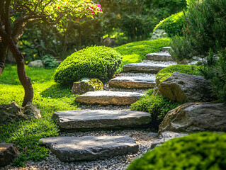 Serene Garden Pathway with Stone Steps and Lush Greenery