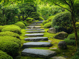 Tranquil Garden Pathway Surrounded by Lush Greenery and Stones