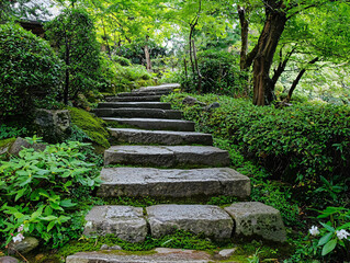 Serene Stone Steps Leading Through Lush Green Garden Pathway