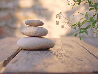 Tranquil Stacked Stones on Wooden Surface with Soft Floral Accents