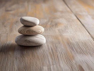 Tranquil Stacked Stones on a Wooden Surface for Peaceful Atmosphere
